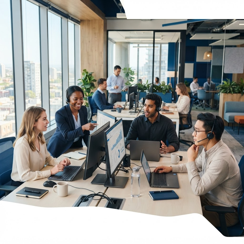 Fatah x team of business professionals collaborating in a modern office